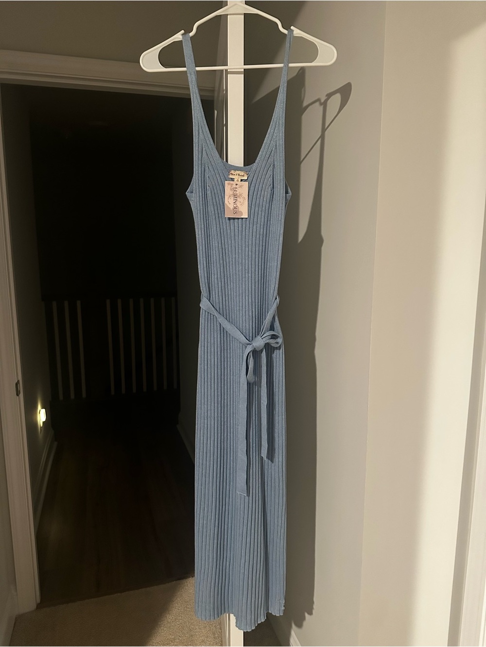 Hem & Thread Sky Blue Ribbed Midi Tank Dress with Self Tie